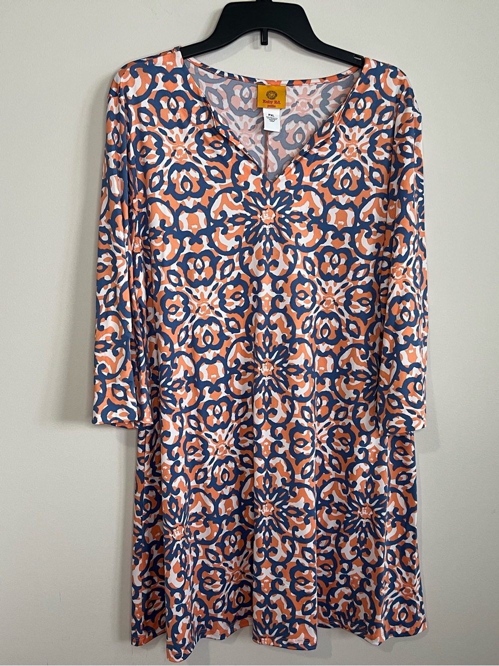 Ruby Rd. Coral and Navy Floral Print V-Neck Dress